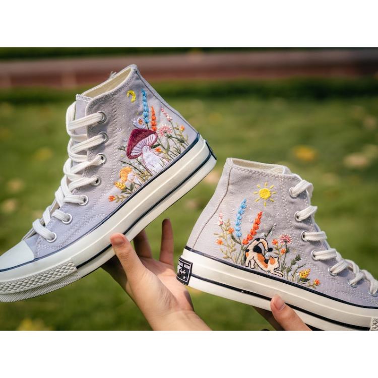 Embroidered Converse, Cat and Flower Garden, Mushroom Embroidered