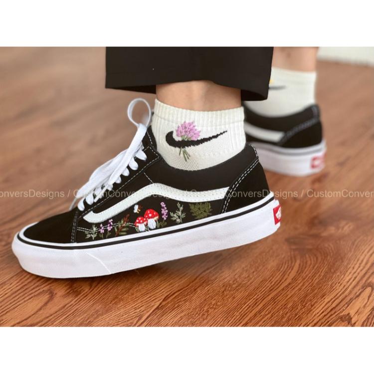 Custom Sneakers, Mushroom Shoes,Custom Vans, Embroidered Vans Lavender