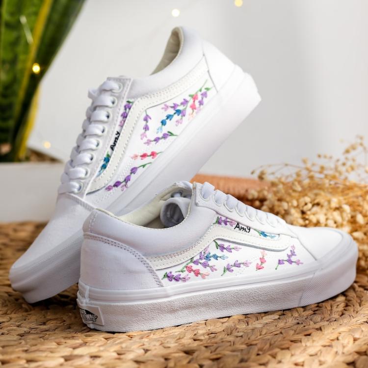 Custom Embroidered Vans Wedding, Flowers Embroidered Shoes for Bride