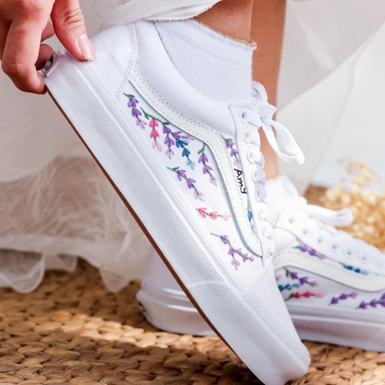 Custom Embroidered Vans Wedding, Flowers Embroidered Shoes for Bride