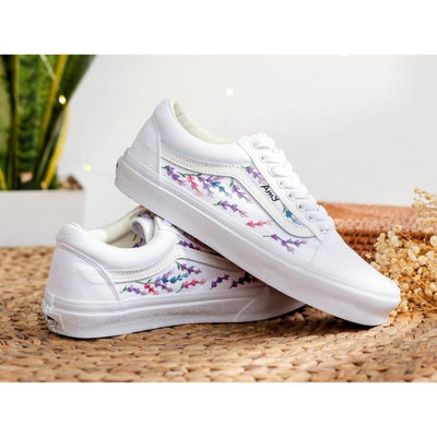 Custom Embroidered Vans Wedding, Flowers Embroidered Shoes for Bride