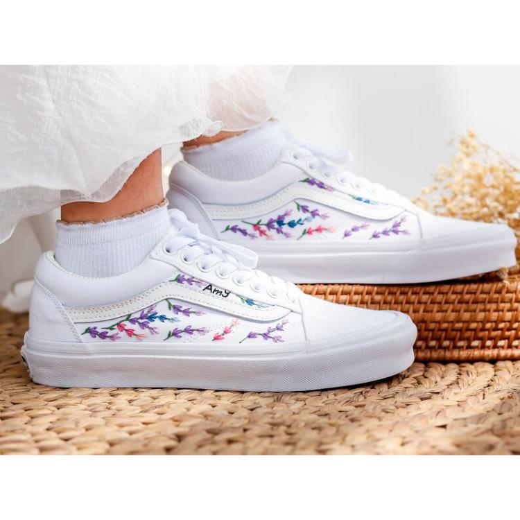 Custom Embroidered Vans Wedding, Flowers Embroidered Shoes for Bride