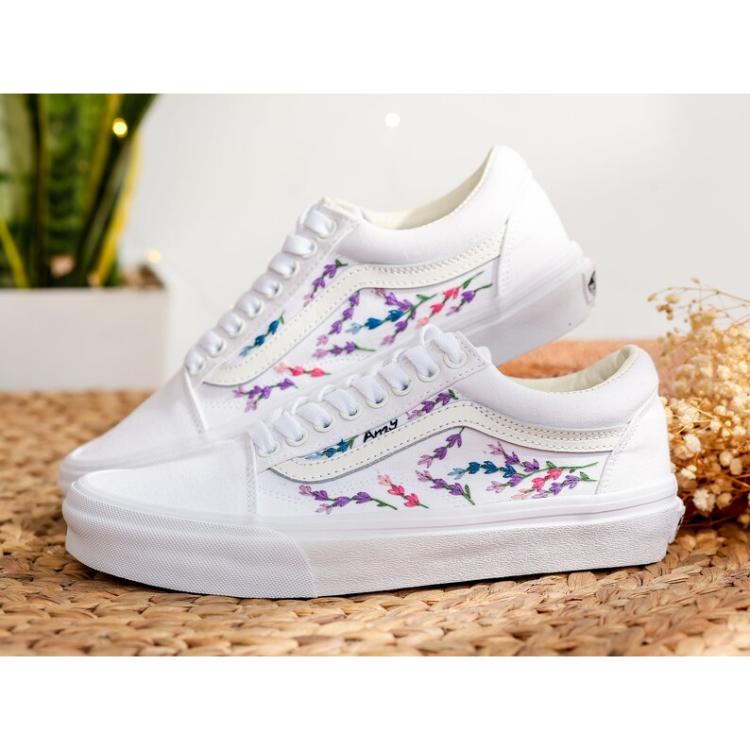 Custom Embroidered Vans Wedding, Flowers Embroidered Shoes for Bride