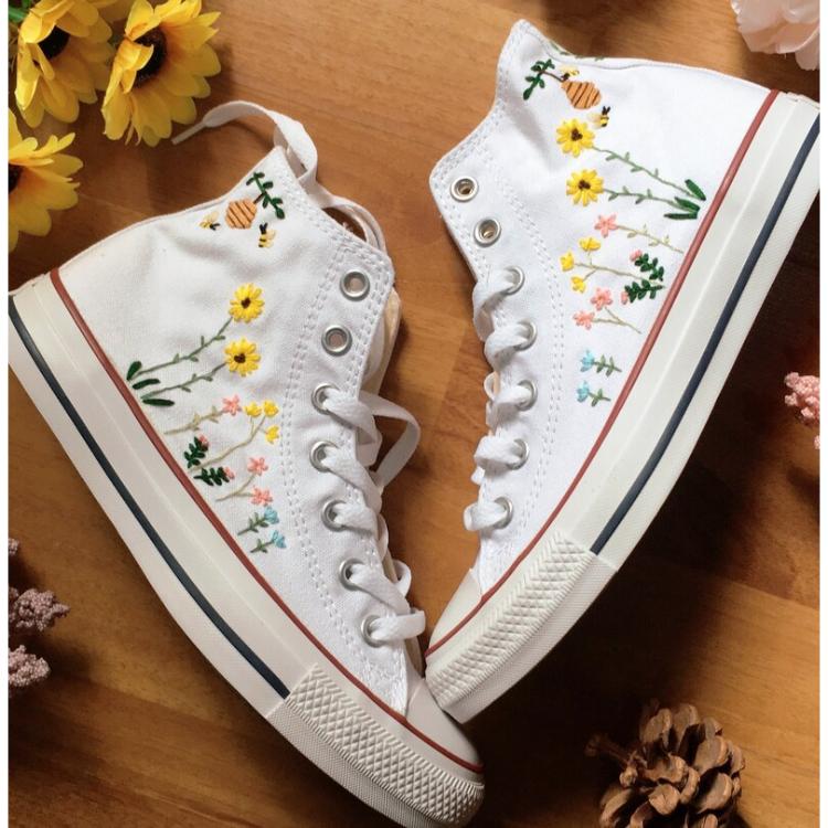 Mushroom Converse, Embroidered Red Mushrooms And Flower