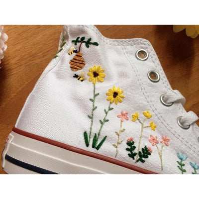 Mushroom Converse, Embroidered Red Mushrooms And Flower