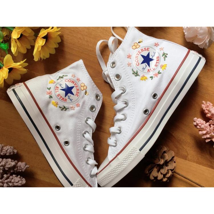 Mushroom Converse, Embroidered Red Mushrooms And Flower