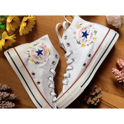 Mushroom Converse, Embroidered Red Mushrooms And Flower