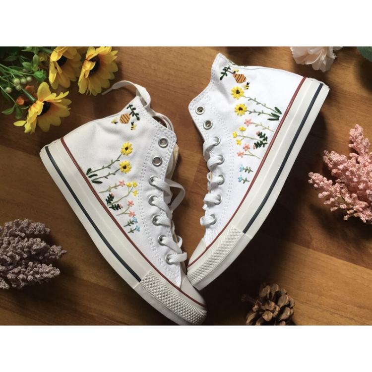 Mushroom Converse, Embroidered Red Mushrooms And Flower