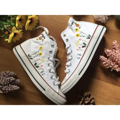 Mushroom Converse, Embroidered Red Mushrooms And Flower