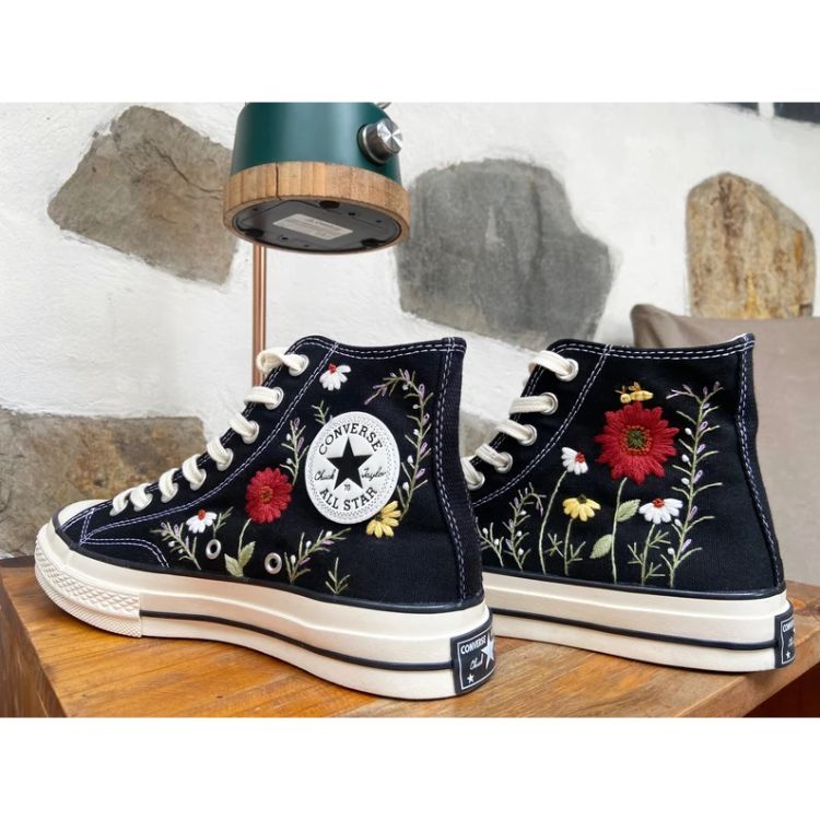 Red Rose Garden Converse, Vintage Embroidery Shoes Gift