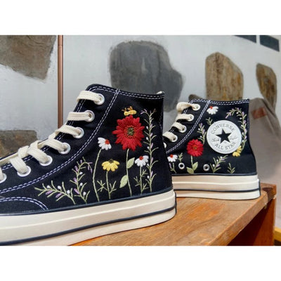 Red Rose Garden Converse, Vintage Embroidery Shoes Gift