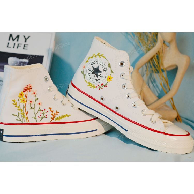 Converse dandelion embroidered shoes, custom wreath and small flower