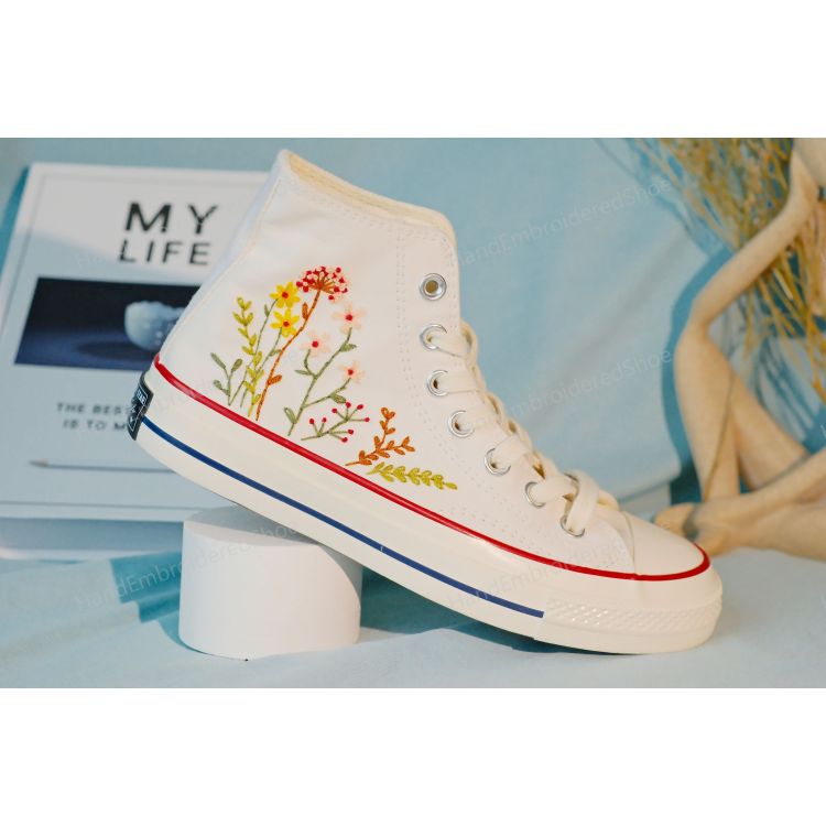 Converse dandelion embroidered shoes, custom wreath and small flower