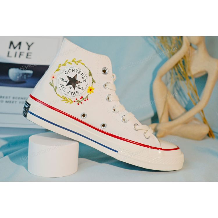 Converse dandelion embroidered shoes, custom wreath and small flower