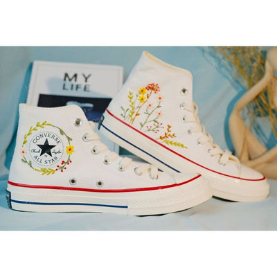 Converse dandelion embroidered shoes, custom wreath and small flower