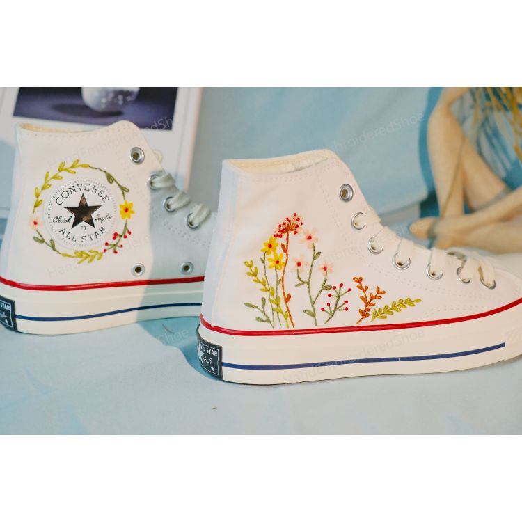 Converse dandelion embroidered shoes, custom wreath and small flower