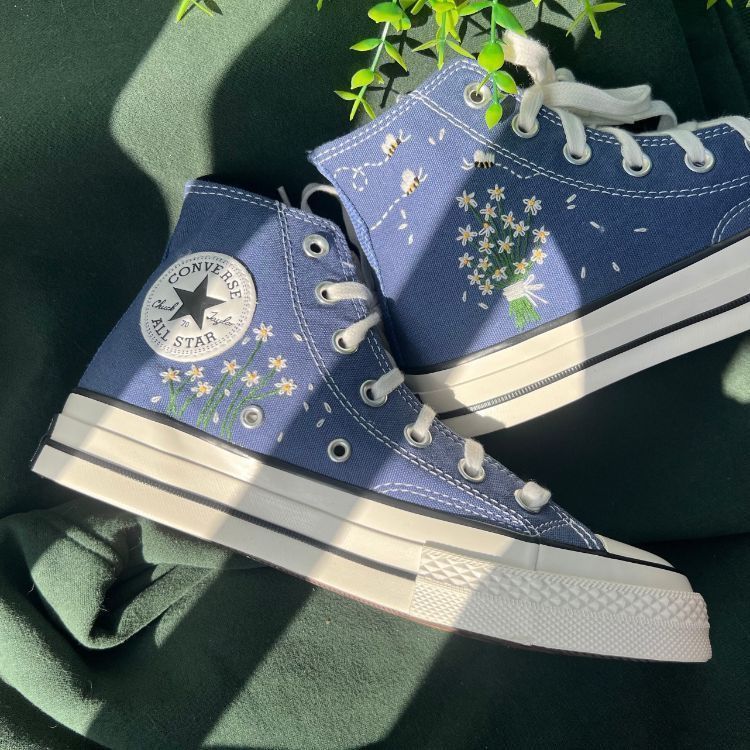 Custom Converse White Chrysanthemum Bouquet And Bees, Embroidered Logo