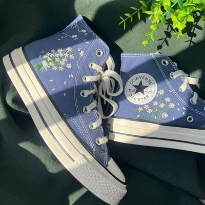 Custom Converse White Chrysanthemum Bouquet And Bees, Embroidered Logo