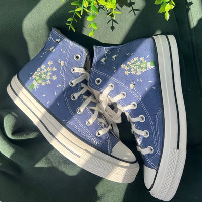 Custom Converse White Chrysanthemum Bouquet And Bees, Embroidered Logo