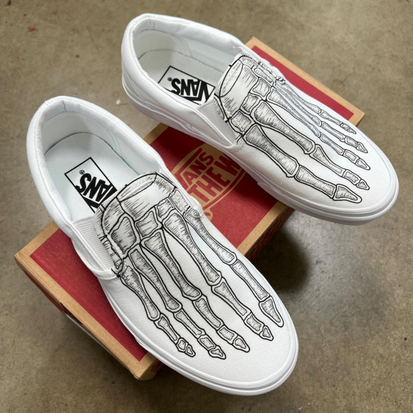 Skeleton Boney Feet Custom White Vans Slip On Shoes