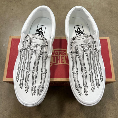 Skeleton Boney Feet Custom White Vans Slip On Shoes