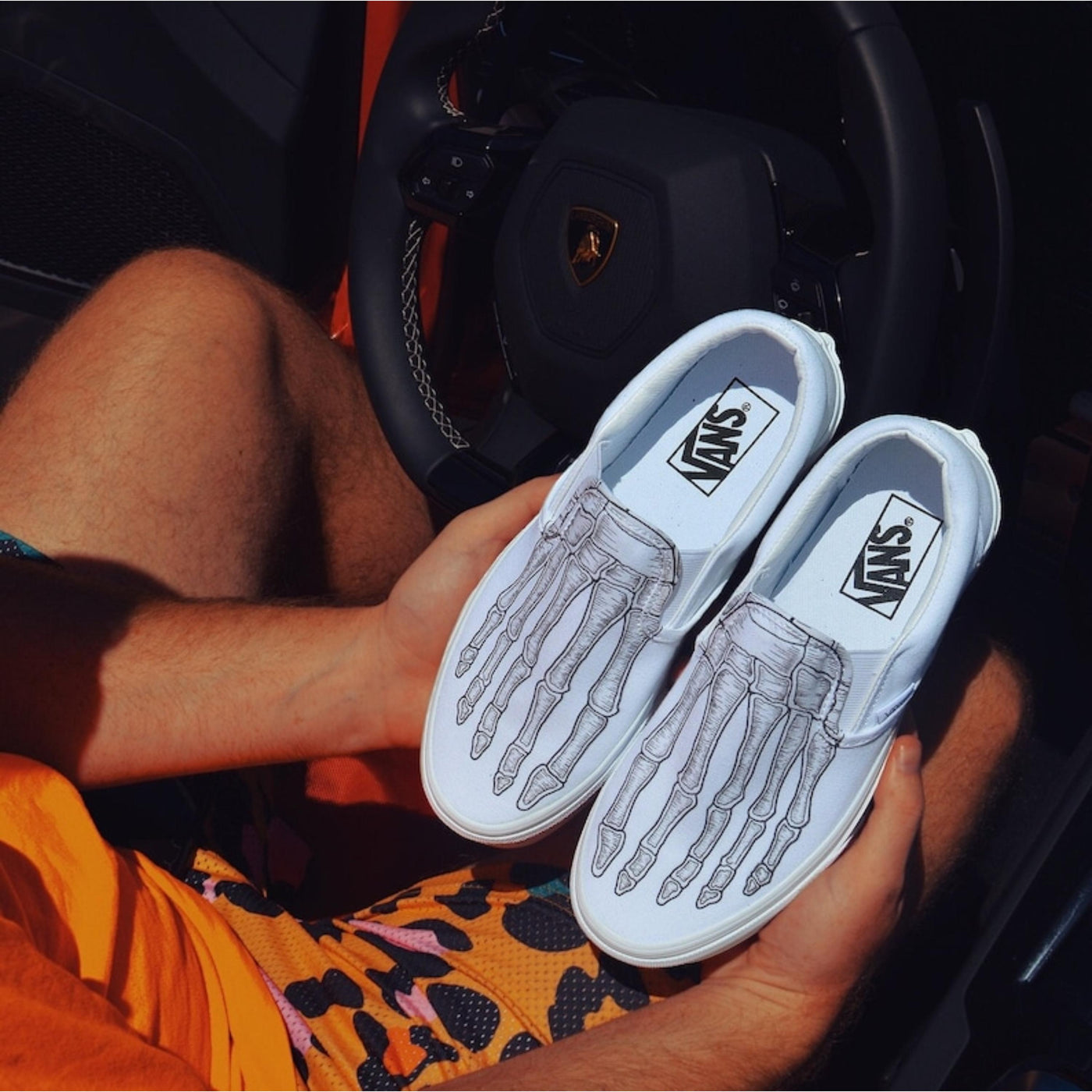 Skeleton Boney Feet Custom White Vans Slip On Shoes