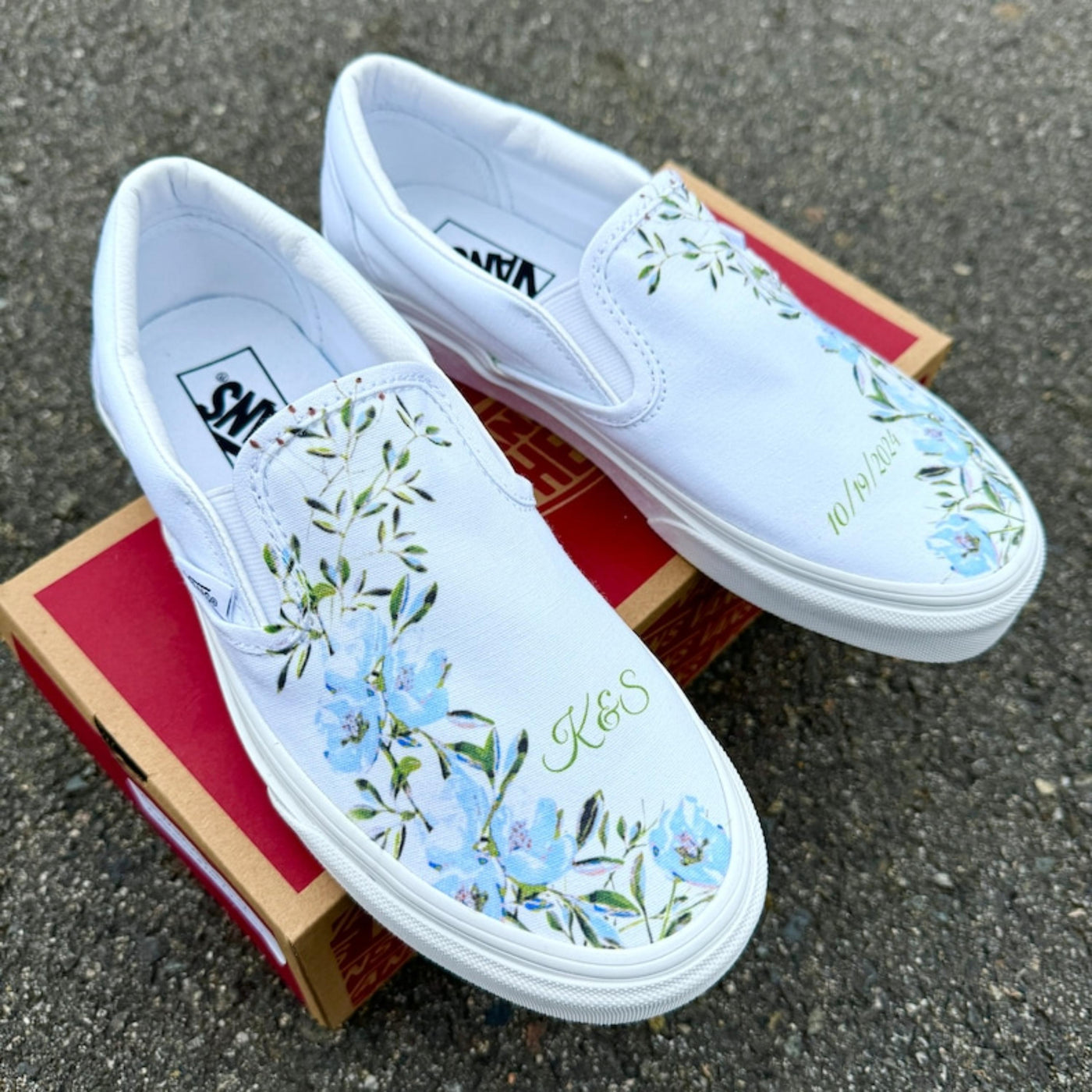 Light Blue Flower, Wedding Custom Slip On Vans