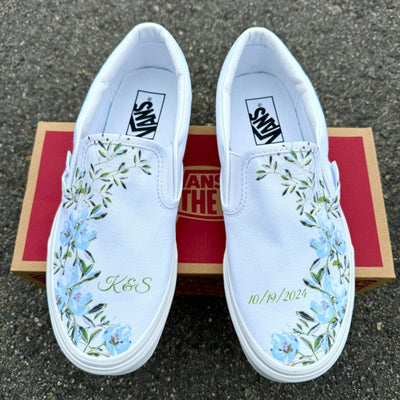 Light Blue Flower, Wedding Custom Slip On Vans