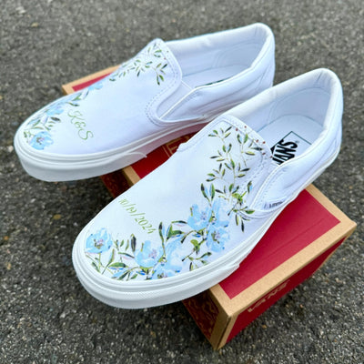 Light Blue Flower, Wedding Custom Slip On Vans