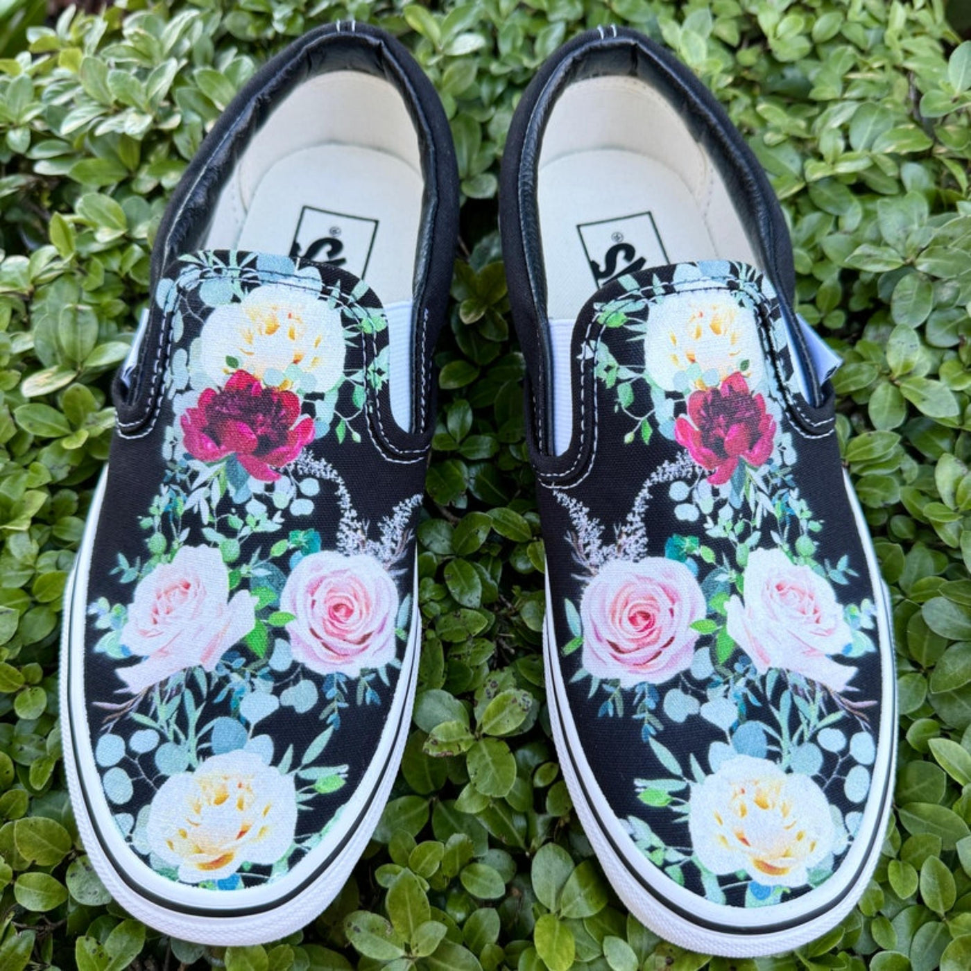 Whimsical Roses on Black Slip On Vans Shoes