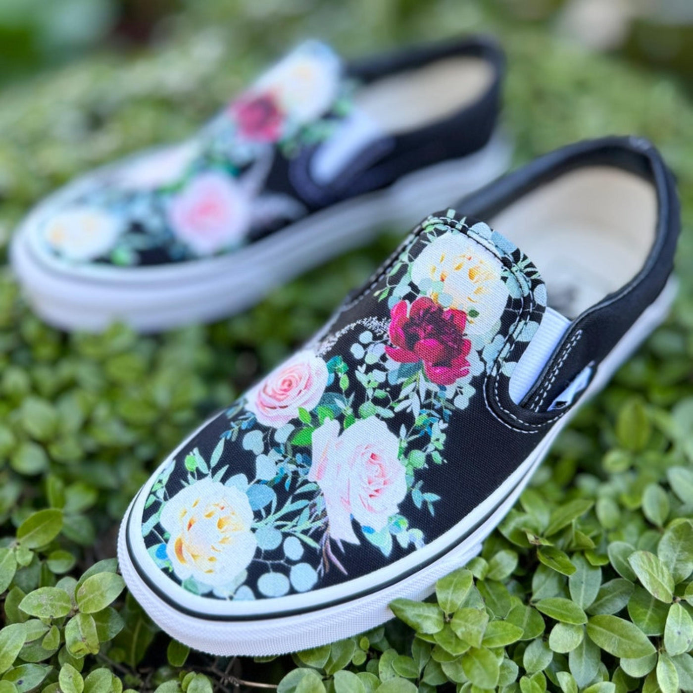 Whimsical Roses on Black Slip On Vans Shoes