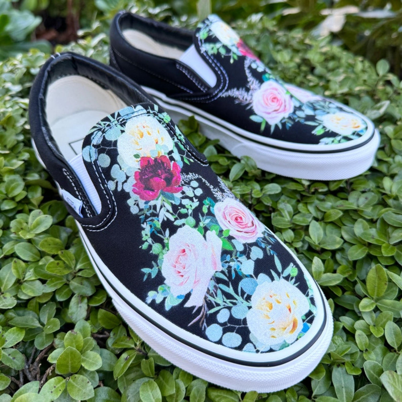 Whimsical Roses on Black Slip On Vans Shoes