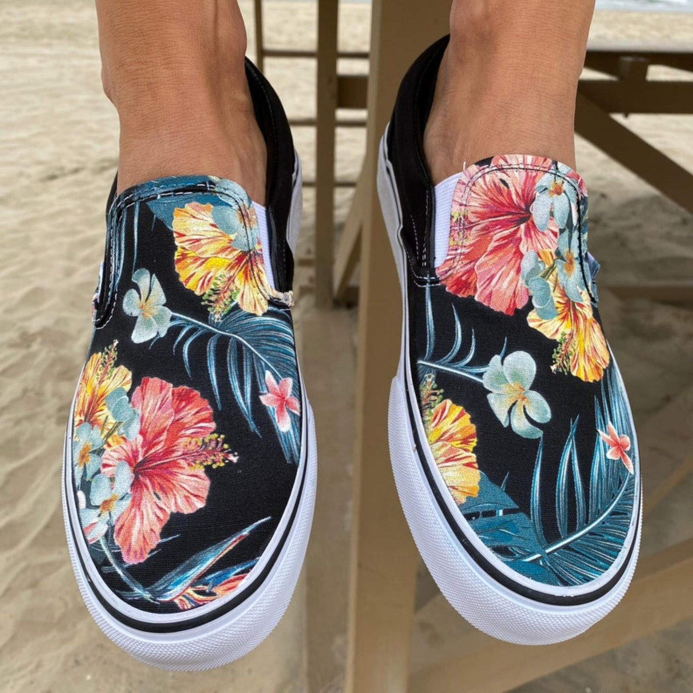 Tropical Floral Pattern on Black Vans Slip On Shoes