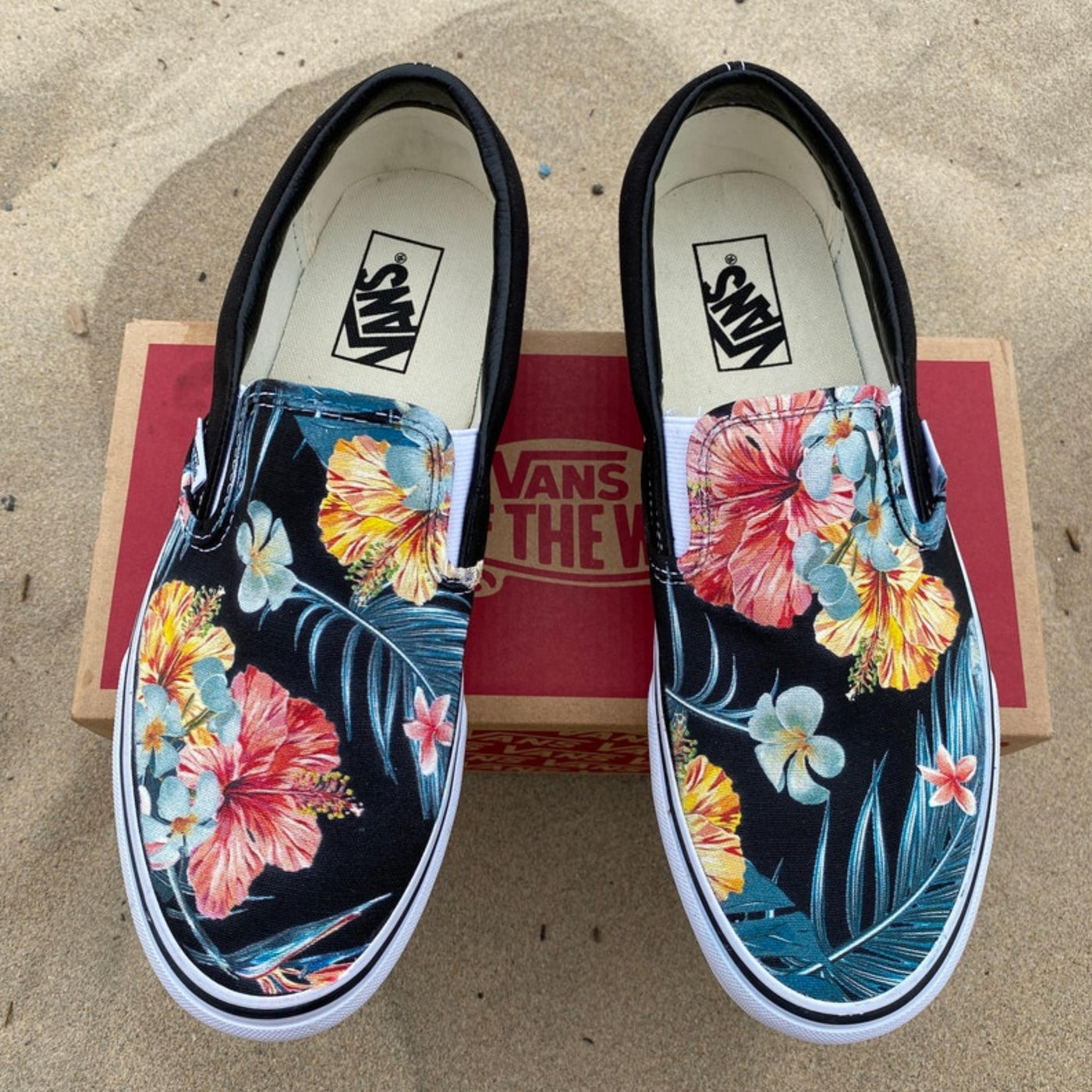 Tropical Floral Pattern on Black Vans Slip On Shoes