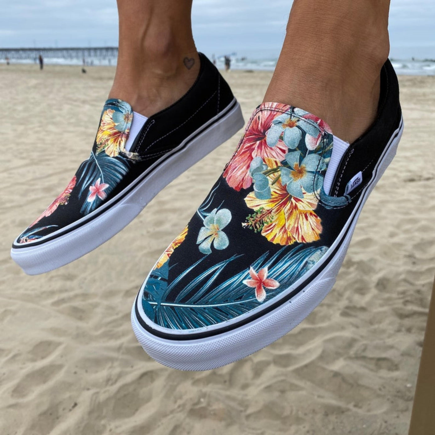 Tropical Floral Pattern on Black Vans Slip On Shoes