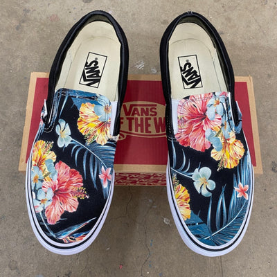 Tropical Floral Pattern on Black Vans Slip On Shoes