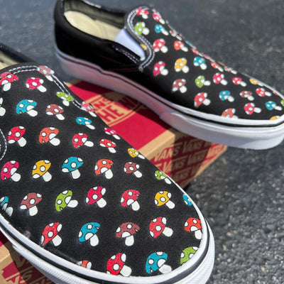 Cute Mushy Mushroom Shoes, Custom Vans Black Slip On