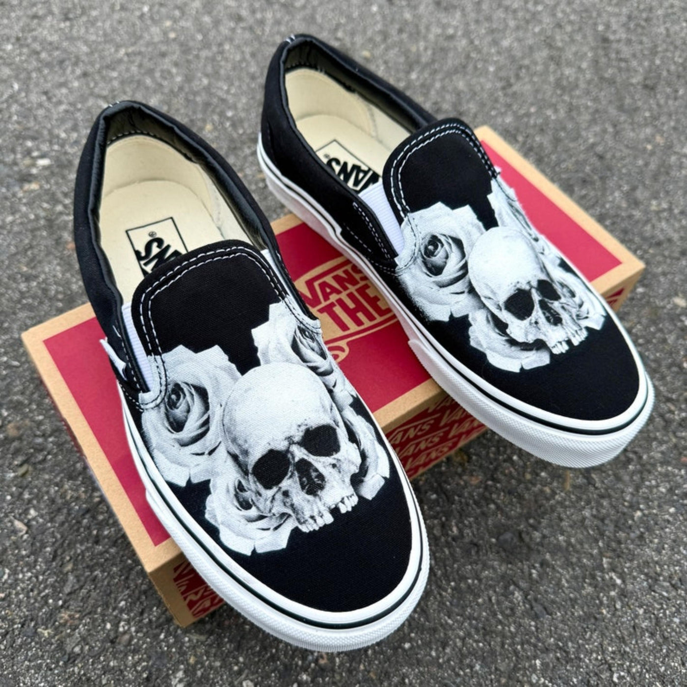 Skull and Rose Vans Slip On Shoes