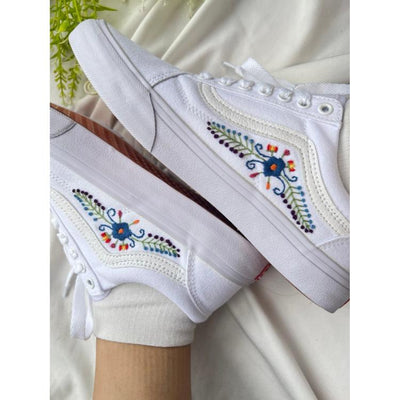 Custom Sneakers, Custom Vans, Embroidered Shoes White Embroidered