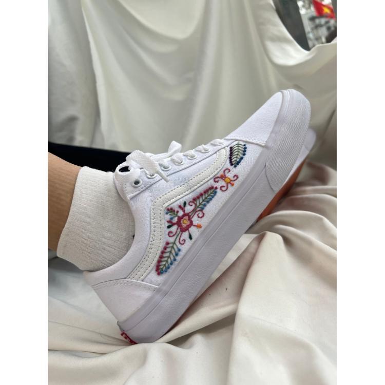 Custom Sneakers, Custom Vans, Embroidered Shoes White Embroidered