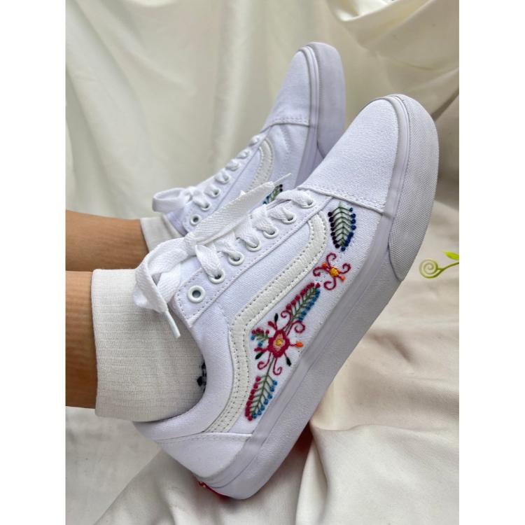 Custom Sneakers, Custom Vans, Embroidered Shoes White Embroidered