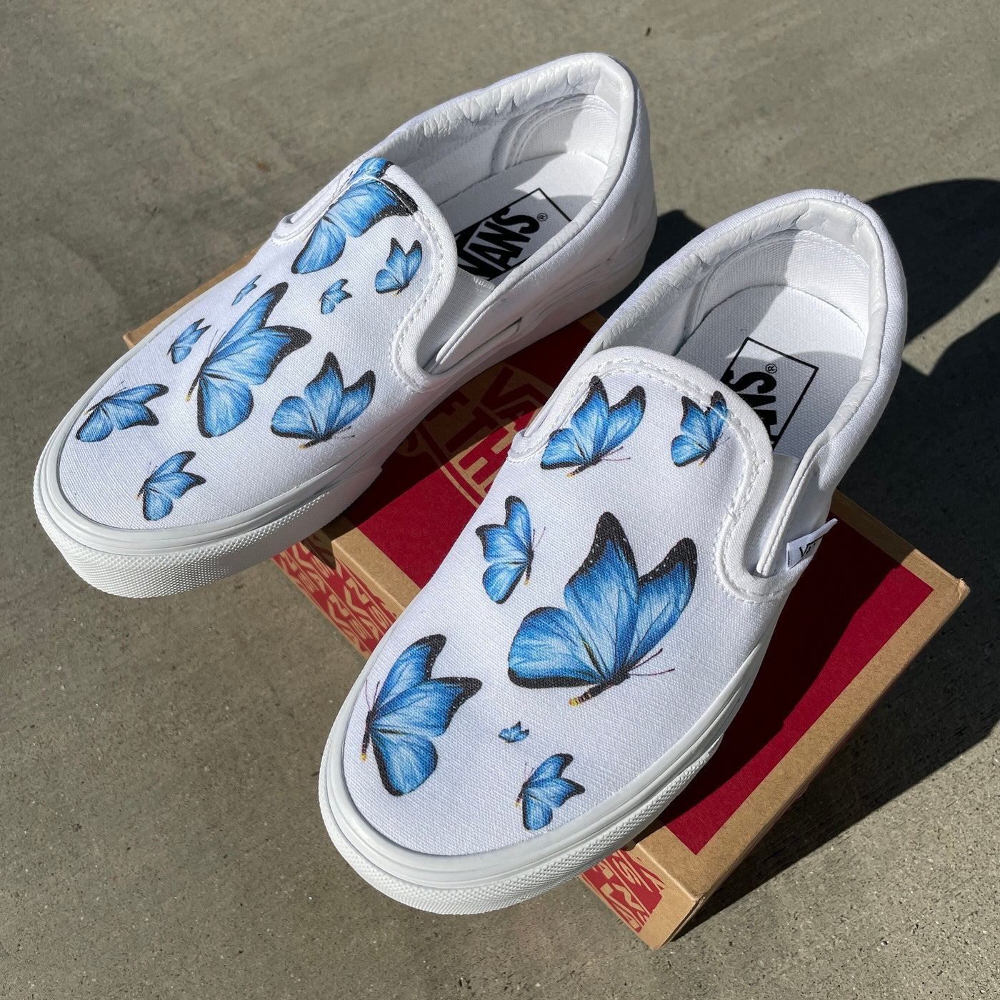 Blue Butterfly White Slip On Vans  Custom Vans Shoes