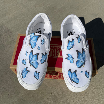 Blue Butterfly White Slip On Vans  Custom Vans Shoes