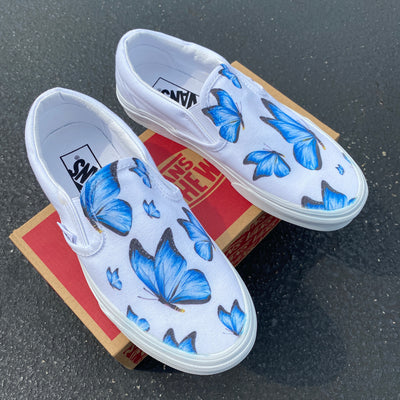 Blue Butterfly White Slip On Vans  Custom Vans Shoes