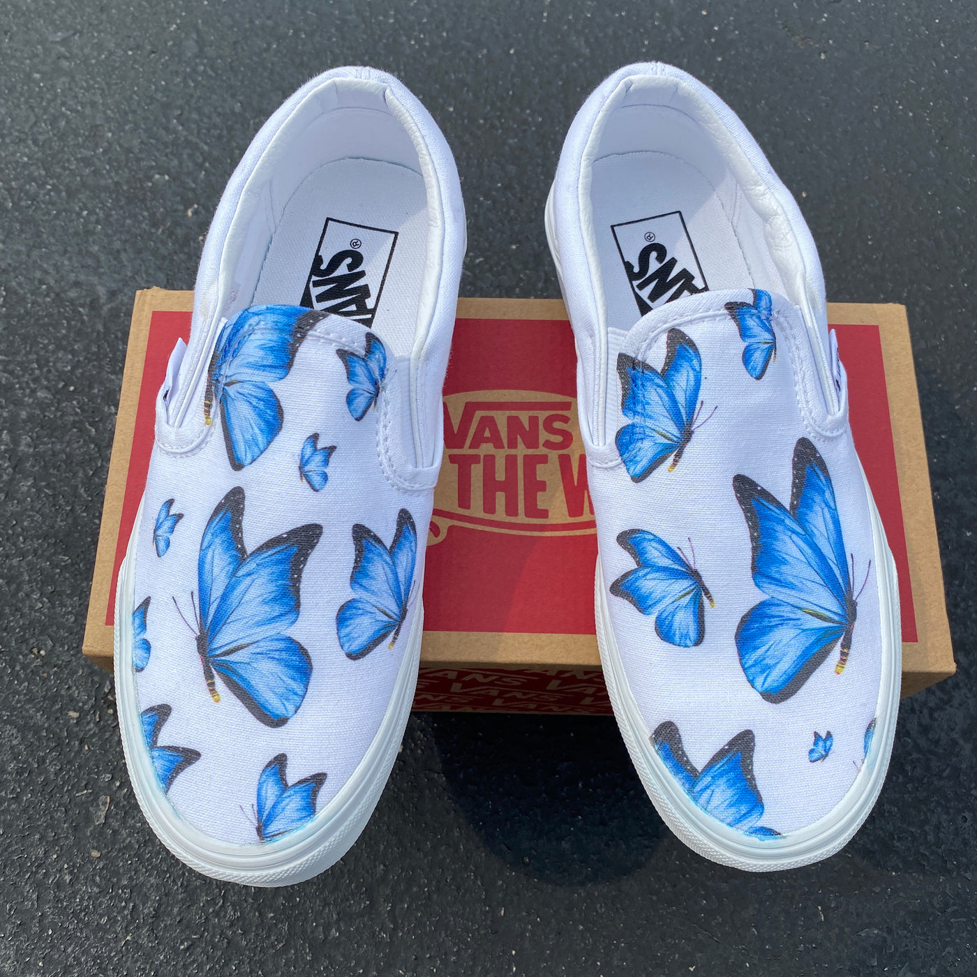 Blue Butterfly White Slip On Vans  Custom Vans Shoes