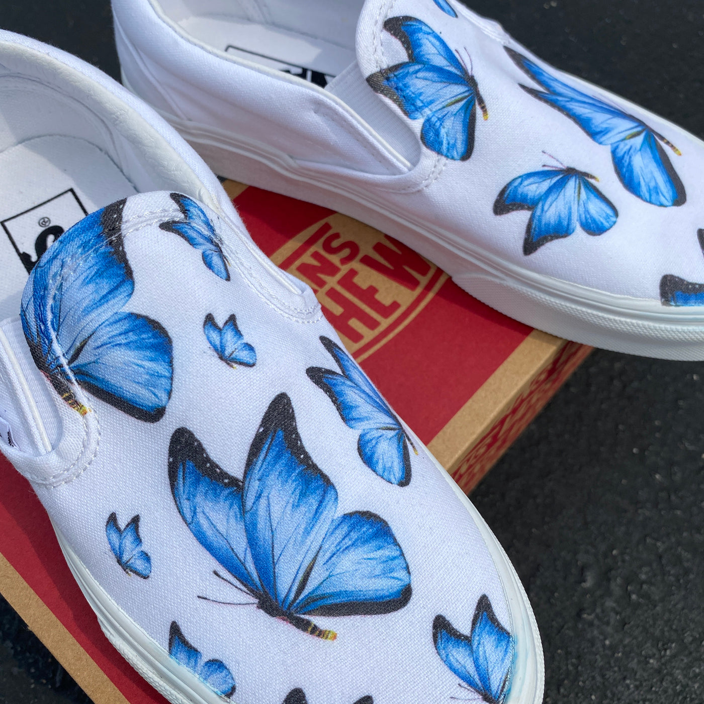 Blue Butterfly White Slip On Vans  Custom Vans Shoes