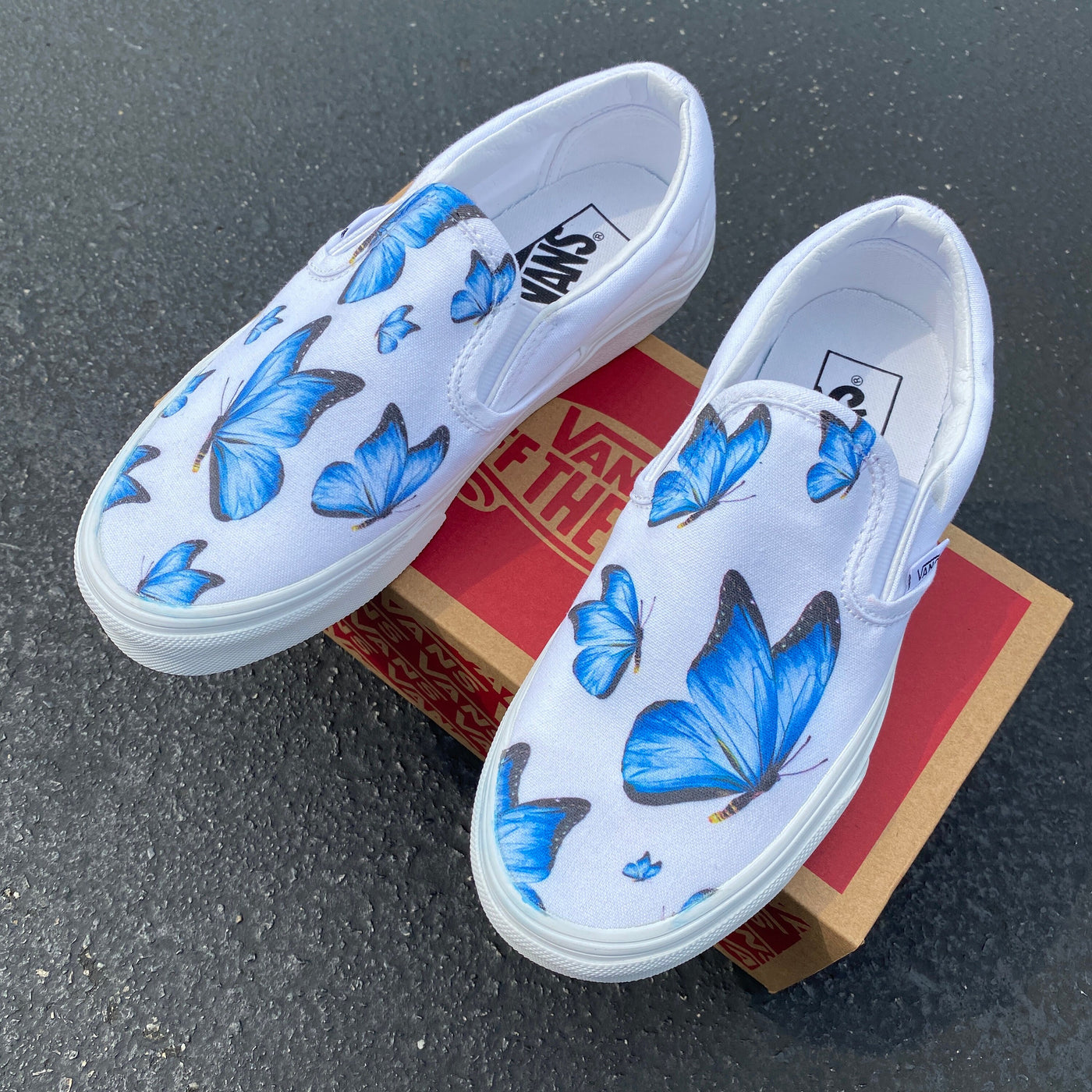 Blue Butterfly White Slip On Vans  Custom Vans Shoes