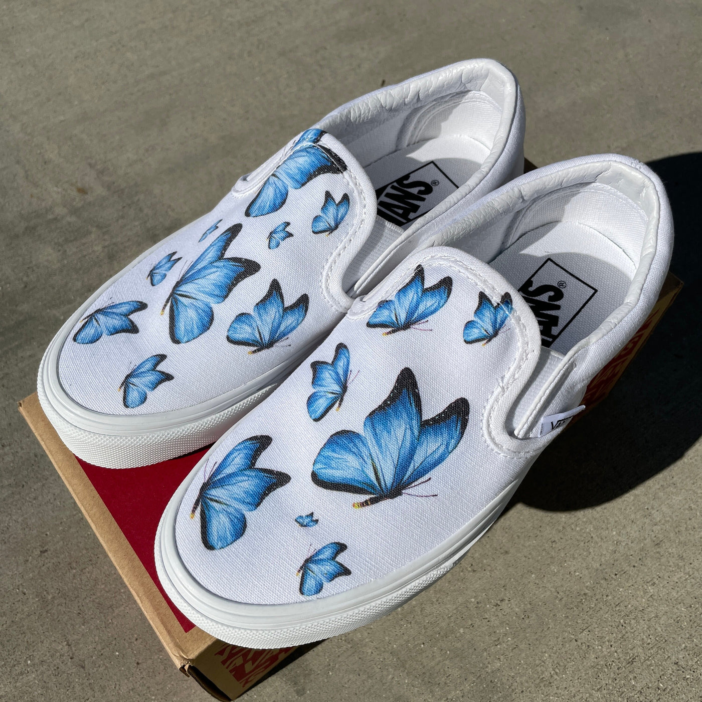 Blue Butterfly White Slip On Vans  Custom Vans Shoes