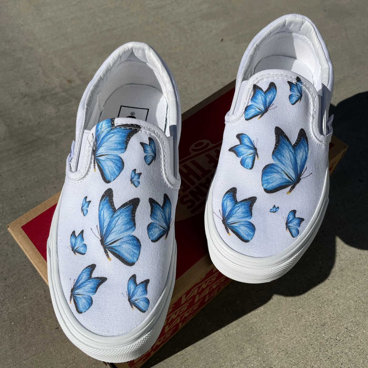 Blue Butterfly White Slip On Vans  Custom Vans Shoes