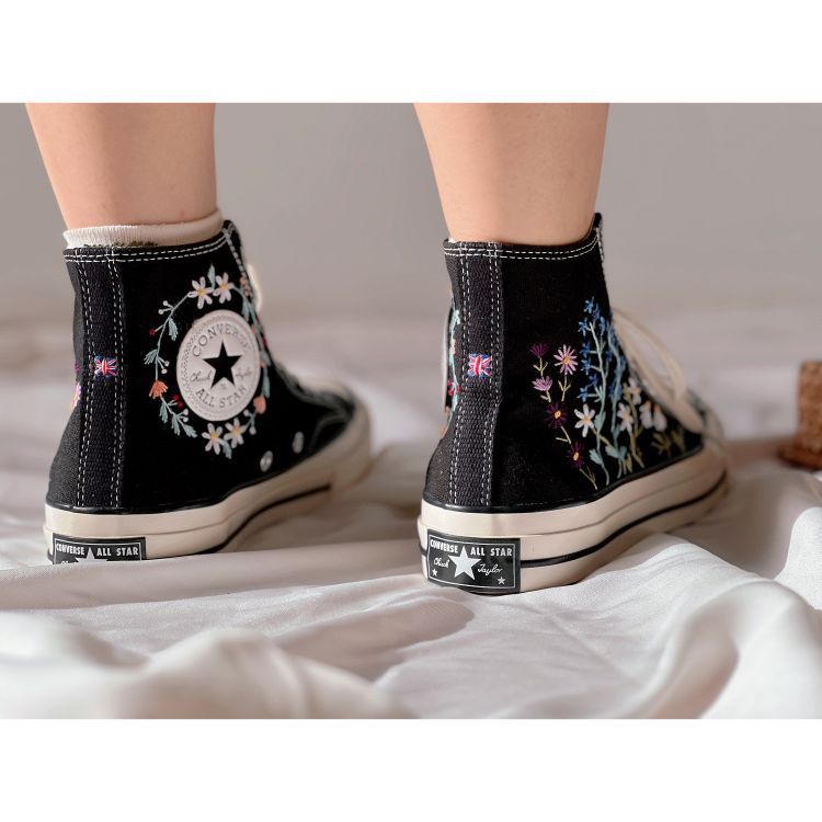 Flower Converse,Embroidered Big Apple Tree,Bees And Flowers